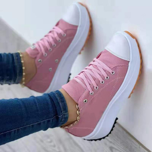 New Low-top Casual Lace-up Round Toe Solid   Canvas   Flat  Shoes