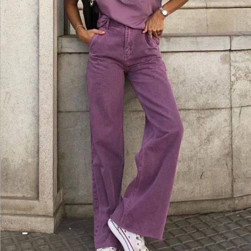 Women's High Waist Solid Retro Straight Flared Loose Street  Pants