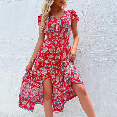 Summer Women's V-Neck Slit Floral A-Line Fashion Vacation Dress