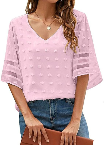 Women's Chiffon V Neck Solid Color Loose Casual Elegant   T-Shirts