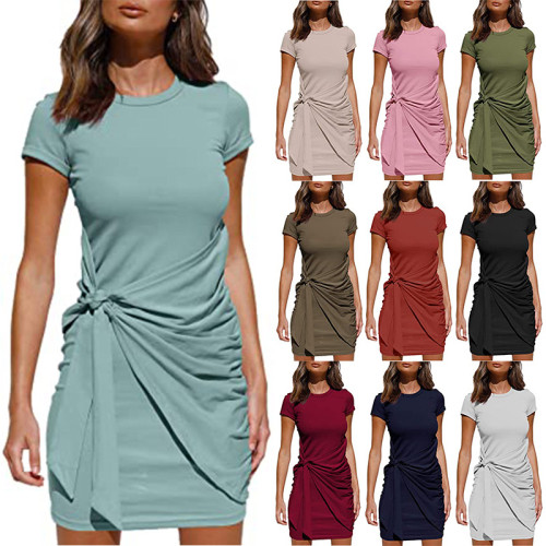 Summer Women's Skinny O Neck Solid Color Fashion  Mini Dress