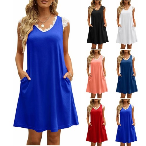 Summer New Women's Cutout Lace Pocket V-Neck Loose  Casual Dress