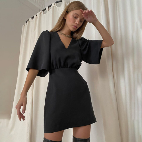 Womens Elegant Black Deep V Neck Wide Sleeves Fashion  Mini Dress