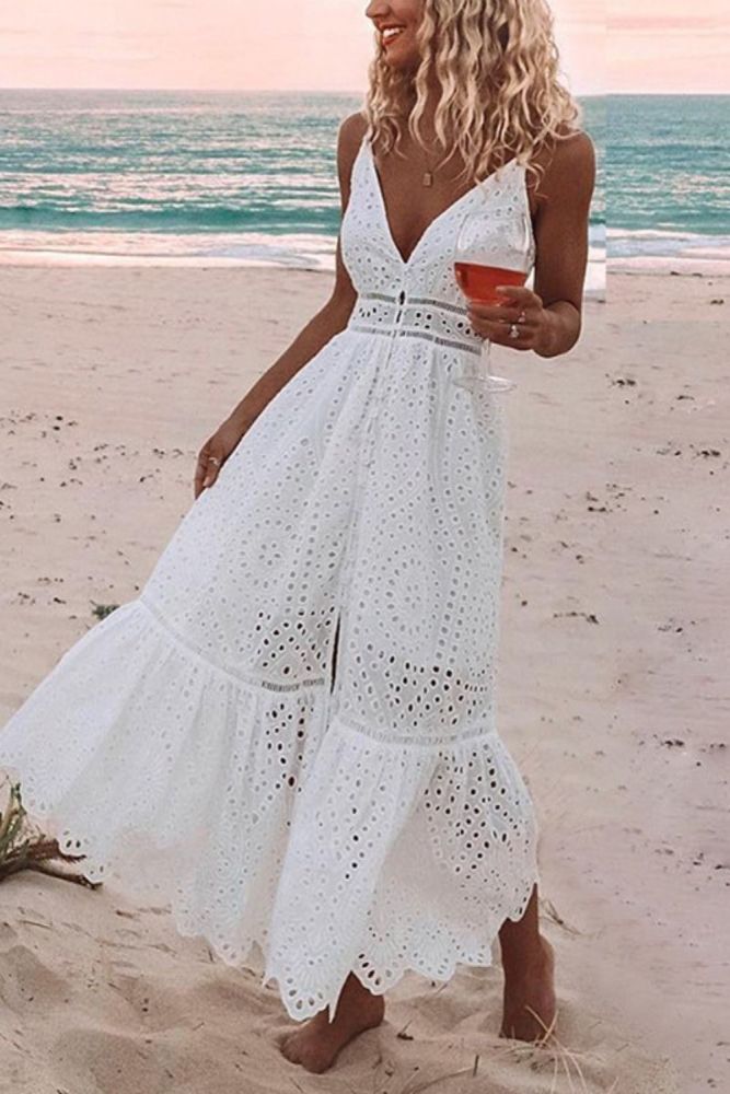 Women's White Pearl Sexy Hollow Embroidery Party  Maxi Dress