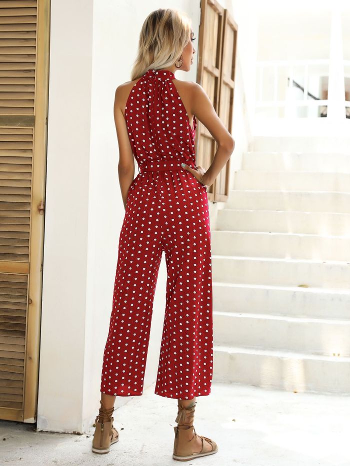 Summer Elegant Polka-Dot Suspenders Sleeveless Casual Wide-Leg Jumpsuit