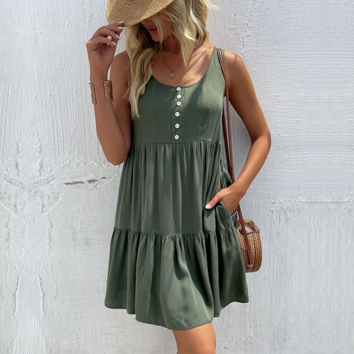 Summer Fashion Sleeveless Sling Green Loose  Casual Dress