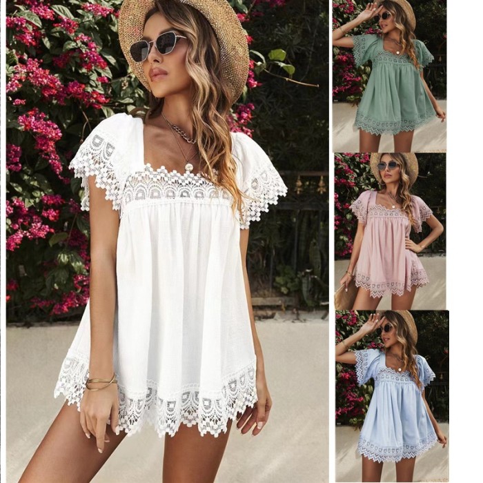 Women's Summer Solid Color Loose Hollow Open Back Square Collar   T-Shirts