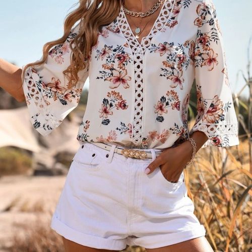 Summer Women's Top Cutout Floral Lace Flared Sleeve Shirt