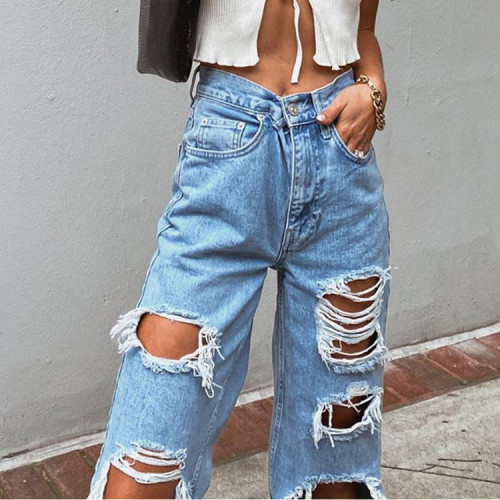 Women's Ripped Loose Wide Leg High Waist Casual Jeans