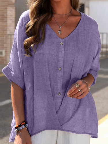 Women's Cotton Linen  Fashion Solid Color V-Neck Casual Loose Shirts