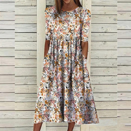 Women's Round Neck Half Sleeve Floral Fashion Loose  Casual Dress