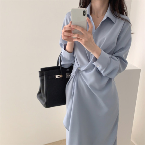 Women's New Lapel Loose Simple Solid Color Irregular Shirt  Maxi Dress