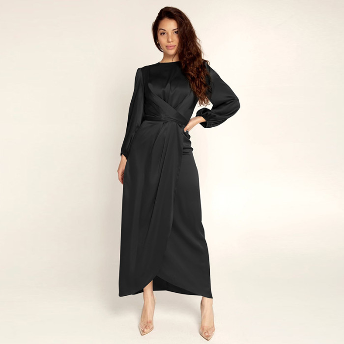 New Fashion Tie Satin Corset Solid Color Long Sleeve  Maxi Dress