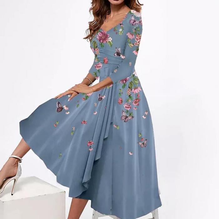 Women's New V Neck Half Sleeves Large Hem Floral Elegant  Maxi Dress