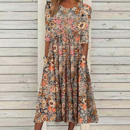 Women's Round Neck Half Sleeve Floral Fashion Loose  Casual Dress