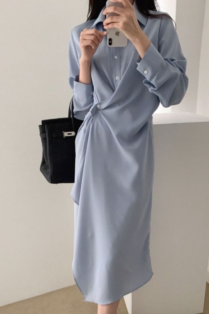 Women's New Lapel Loose Simple Solid Color Irregular Shirt  Maxi Dress