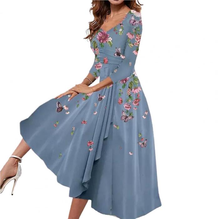 Women's New V Neck Half Sleeves Large Hem Floral Elegant  Maxi Dress