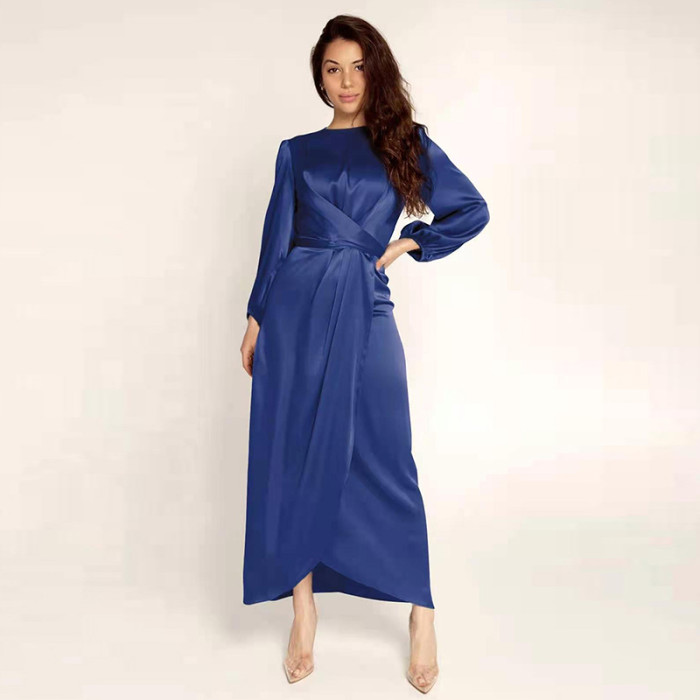 New Fashion Tie Satin Corset Solid Color Long Sleeve  Maxi Dress