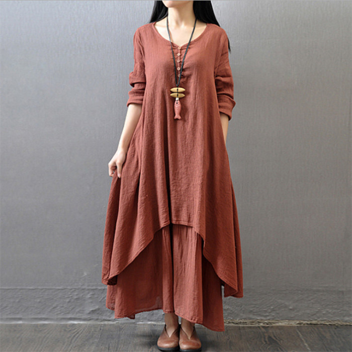 New Oversized Literary Long Sleeve Loose Casual  Linen Dress