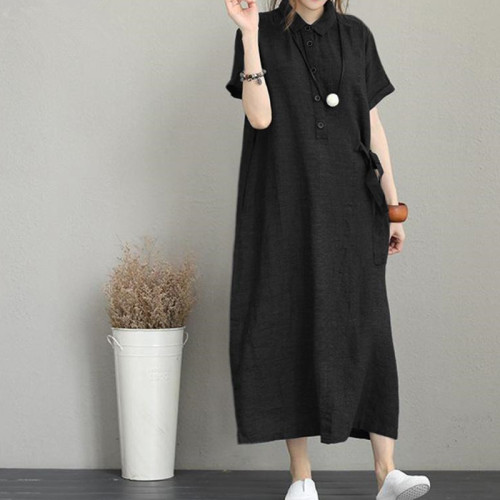 New Women's Lapel Pocket Loose Casual Long  Linen Dress