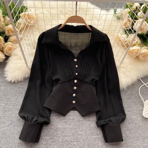 New Women's Tops Long Sleeves Elegant Pleated Polo Collar Shirts