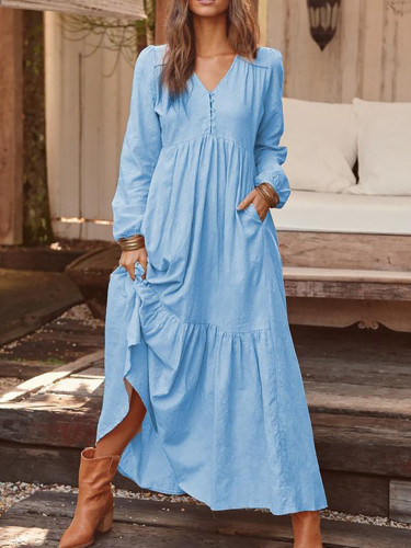 Women's V-Neck Lantern Sleeves Solid Color Retro Pleated Swing Casual  Linen Dress