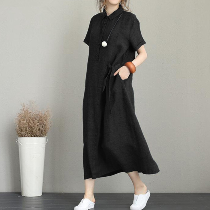New Women's Lapel Pocket Loose Casual Long  Linen Dress