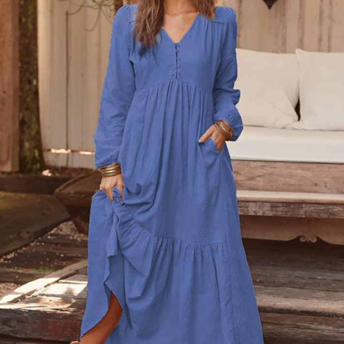 Women's V-Neck Lantern Sleeves Solid Color Retro Pleated Swing Casual  Linen Dress