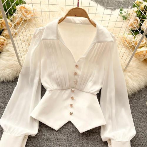 New Women's Tops Long Sleeves Elegant Pleated Polo Collar Shirts