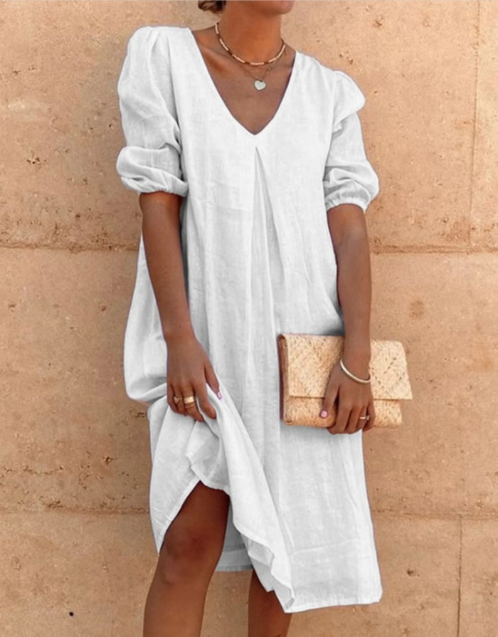 Women's New Solid Color Fashion Long Sleeve Loose  Linen Dress