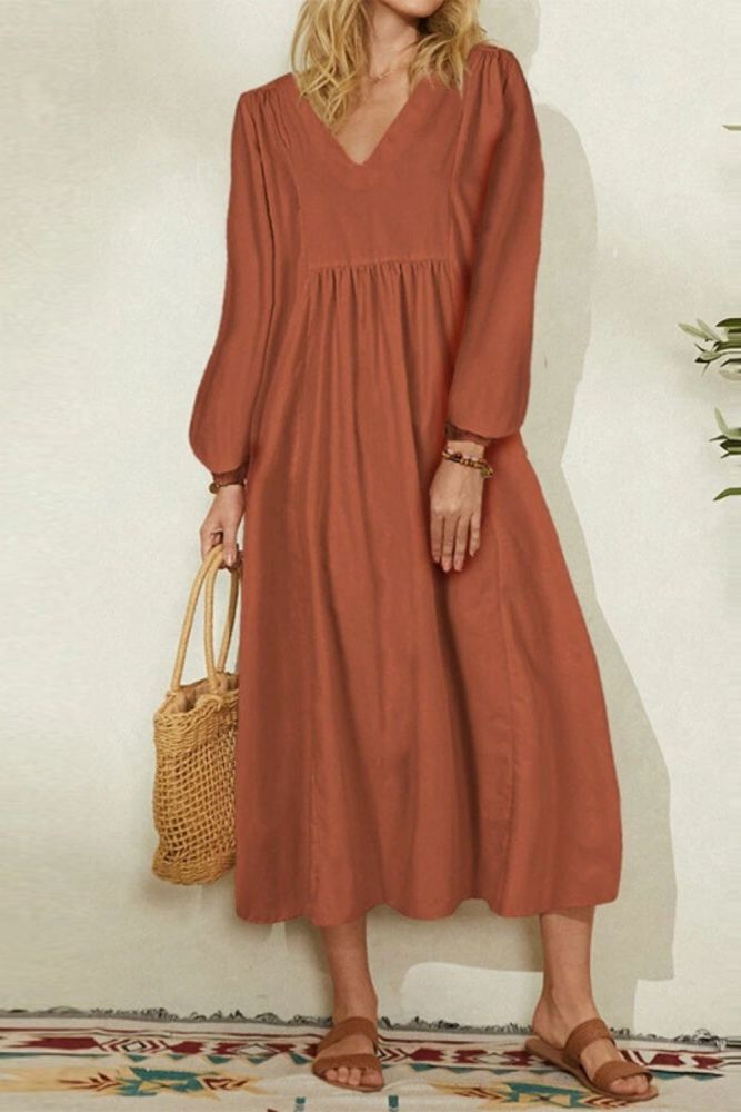 New Women's Fashion Solid Color V-Neck Loose Casual  Linen Dress
