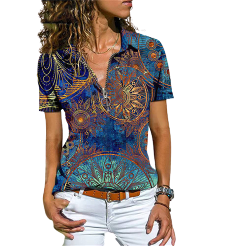 Summer Women's Boho Print Vintage Ethnic Zip-Up Casual T-Shirt