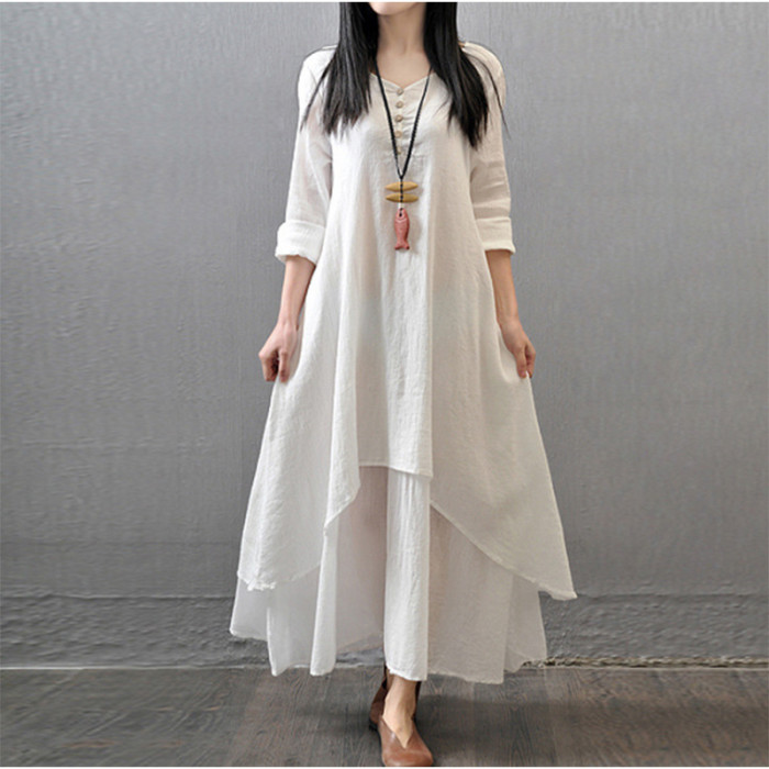 New Oversized Literary Long Sleeve Loose Casual  Linen Dress