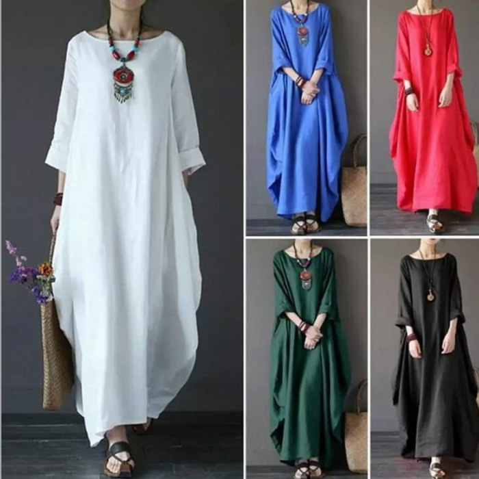 Women's Long Sleeve Loose Fashion Solid Color Casual Linen Dress