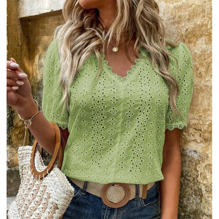 New Women's Elegant Fashion Lace Solid Color V-Neck Puff Sleeves Shirts