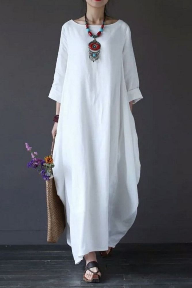 Women's Long Sleeve Loose Fashion Solid Color Casual Linen Dress