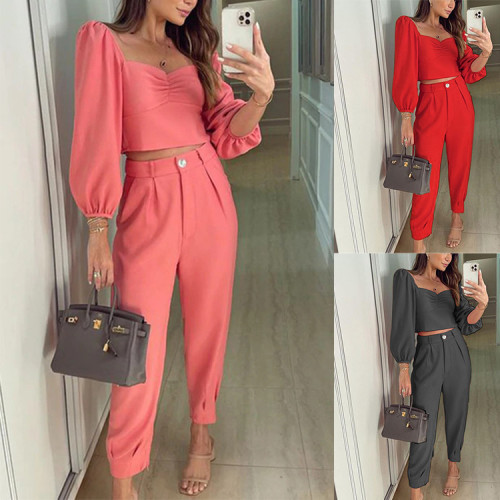 Women's Solid Color Square Neck Long Sleeve + High Waist Fashion Pants   Two-piece Outfits