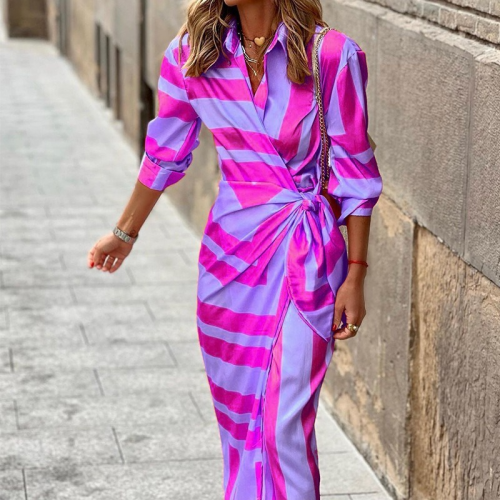 Women's Fashion Slit Stripes Sexy Elegant Office Casual  Maxi Dress