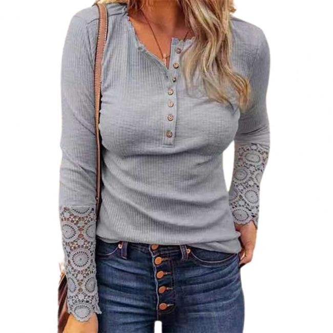 Women's Paneled Long Sleeves Button Casual Ribbed Lace Elegant Shirts