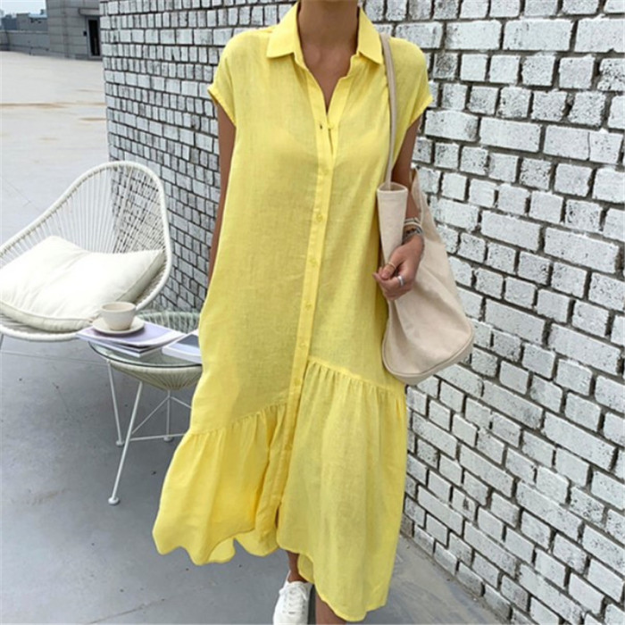 Women's Lapel Short Sleeve Retro Solid Color Irregular Long Dress Cotton  Linen Dress