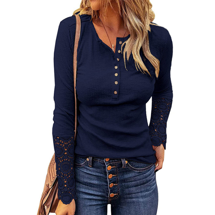 Women's Paneled Long Sleeves Button Casual Ribbed Lace Elegant Shirts