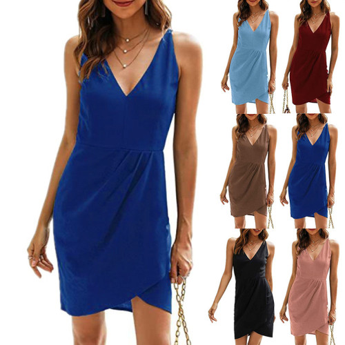 New Women Fashion Solid Color Party Sleeveless Deep V Neck Irregular Mini Dress