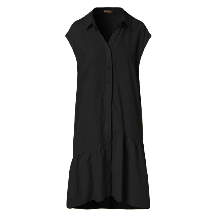 Women's Lapel Short Sleeve Retro Solid Color Irregular Long Dress Cotton  Linen Dress