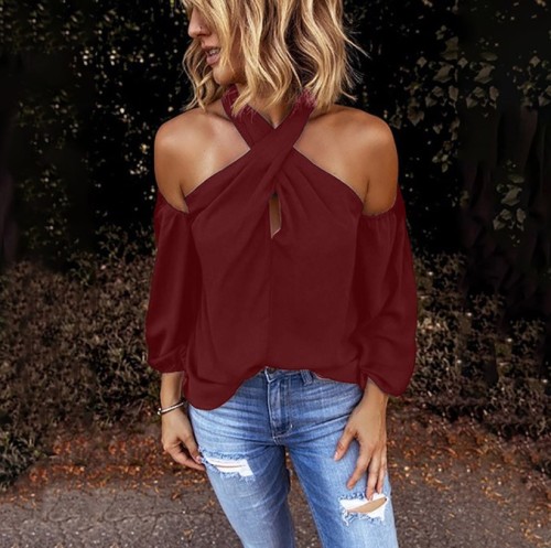 Open Shoulder Cutout Plain Blouses