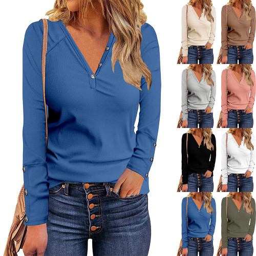 New Women's V-Neck Button Casual Fashion Solid Color Long Sleeve T-Shirt