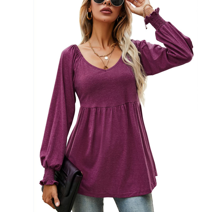 Women's Top V-Neck Balloon Sleeve Pleated Casual Shirts