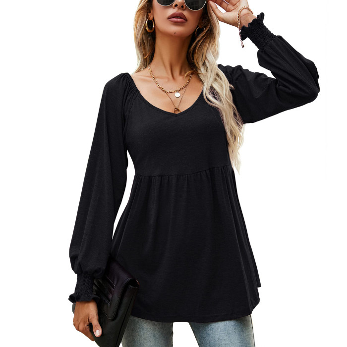 Women's Top V-Neck Balloon Sleeve Pleated Casual Shirts
