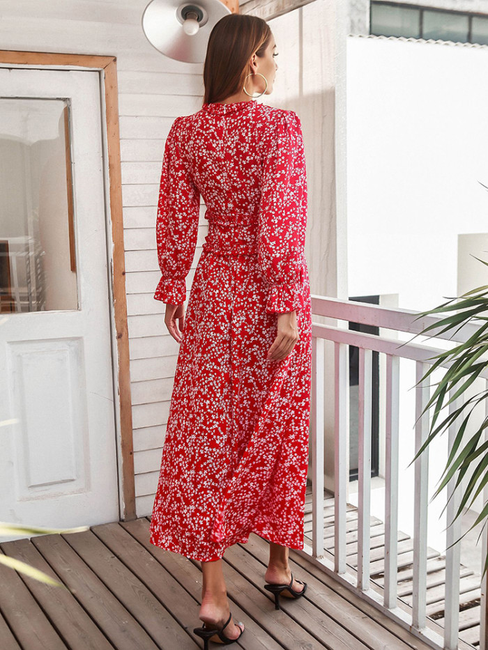 Women's Printed Slim High Waist V Neck Flared Sleeve  Maxi Dress