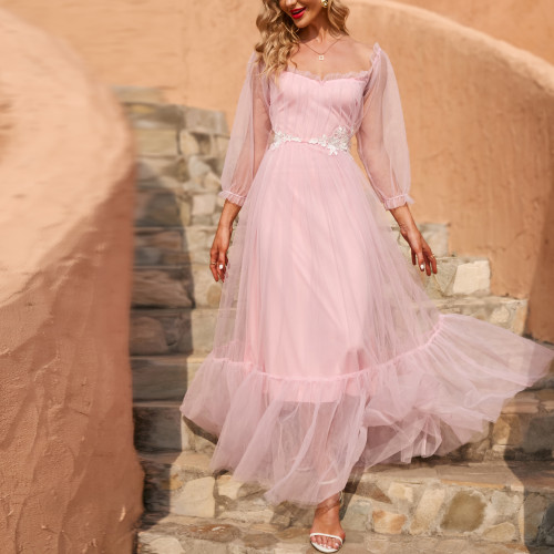 New Women's Tulle Elegant Long Sleeve Mid Waist Sexy  Prom Dress