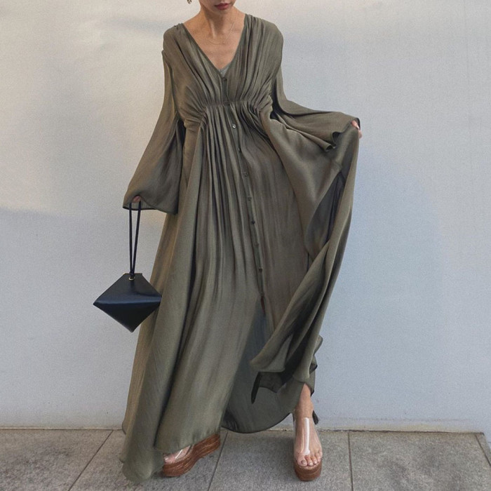 Women's Long Sleeve Fall V Neck Casual A-Line High Waist Pleated  Maxi Dress